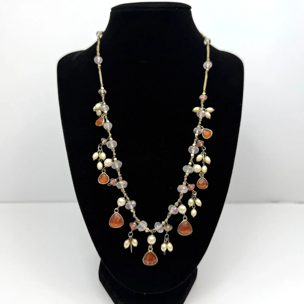 VTG Monet Faux Pearls Acrylic Beaded Necklace Dangle Gold Tone Accents Jewelry